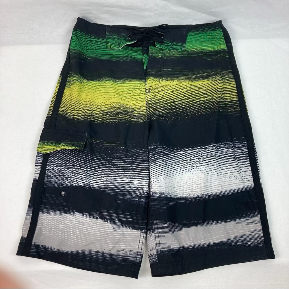 Mossimo Supply Co. Black Swim Board Shorts with Green & Yellow Stripes